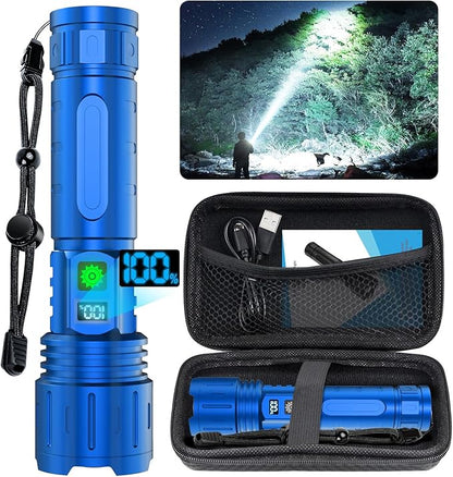 Flashlights High Lumens Rechargeable - 1500 Meters Long Beam Super Bright LED Flash Light with Power Display & IPX5 Waterproof for Camping, 20H Runtime,5 Modes,Zoomable Handheld Flashlight-Blue