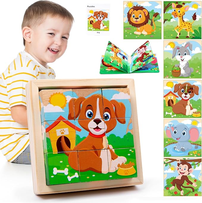 Wooden Animals Block Puzzles for Kids, Puzzles for Ages 2-4 with Book, Jigsaw Puzzles Preschool Learning Educational Toys Gift for Boys Girls, Wood Farm Cube Puzzles for Toddlers 2 3 4 5 6 Years Old