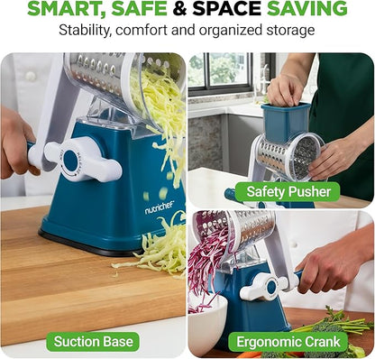 NutriChef 3 in 1 Cheese Grater & Shredder | Strong Suction Base, Rotary Handle
