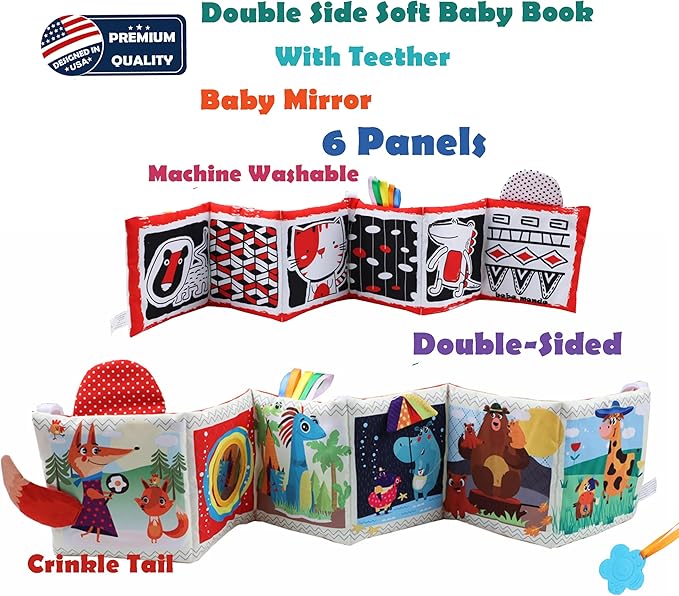 High Contrast Tummy Time Toys, Black and White Crinkle Books for Babies, Baby Books 0-6 Months, Infant Mirror Toy with Teether, Double-Sided Baby Toys for Boys and Girls