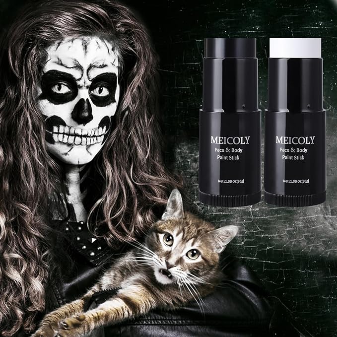 MEICOLY Black White Face Body Paint Stick Set with Sponges and Setting Powder,Face Paint Stick for Adults and Kids,Clown White Makeup,Face Painting for Halloween SFX Skull Zombie Skeleton Goth Makeup