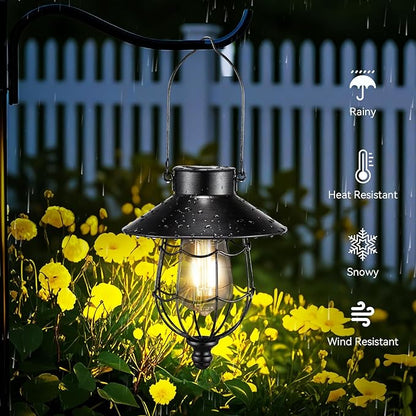 Solar Lanterns Outdoor Hanging Metal Vintage Lantern Warm White Solar Lights lamp Waterproof Edison Bulb Design for Pathway Garden Patio Yard Tree Decoration (Black)