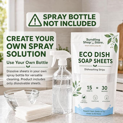 Eco Dish Soap Sheets – Eco Dishwashing Strips for Dishwasher Machines and Hand Washing – Travel & Home, 15 Sheets Up to 30 Washes (SPRAY BOTTLE NOT INCLUDED)