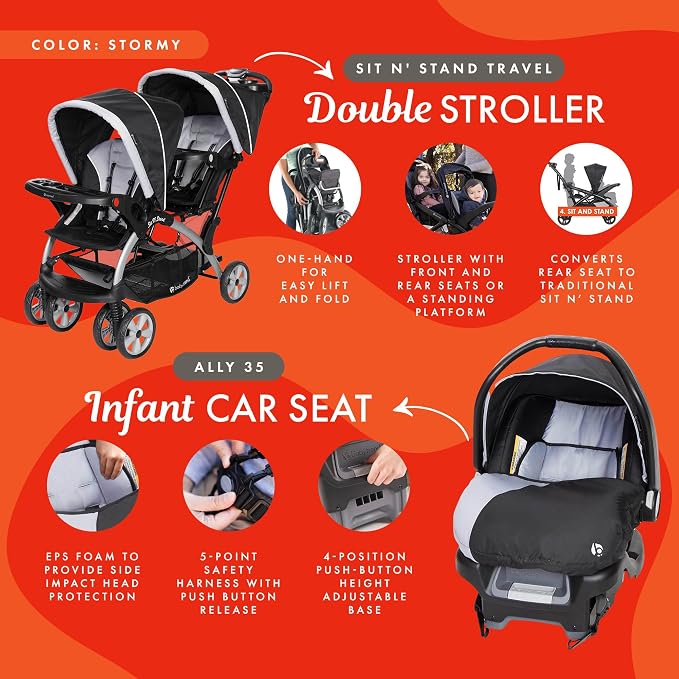 Baby Trend Infant and Toddler Double Stroller & 2 Car Seat Combo, 3 Pc Set, Stormy - Portable and Lightweight Stroller Duo and Car Seat Travel System Tandem