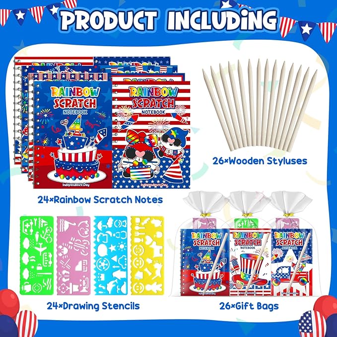 Party Favors for Kids: 24 Pack 4th of July Rainbow Scratch Art Notebook Classroom Supplies Bulk for Girls Boys Goodie Bags Stuffers, Independence Day Party Gift Kid Crafts