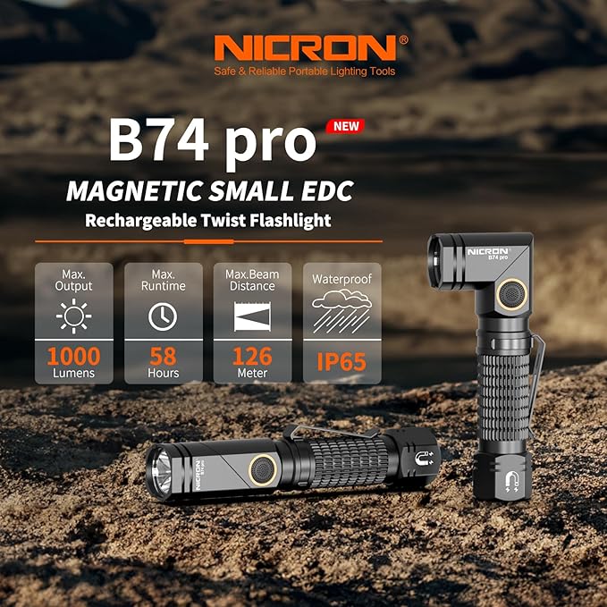 NICRON Rechargeable Flashlights Right Angle 90 Degree B74pro,1000 High Lumens Magnetic for Handfree,IP65 Waterproof Compatiable with AA Battery for Hiking Outdoor Camping Work Emergency.