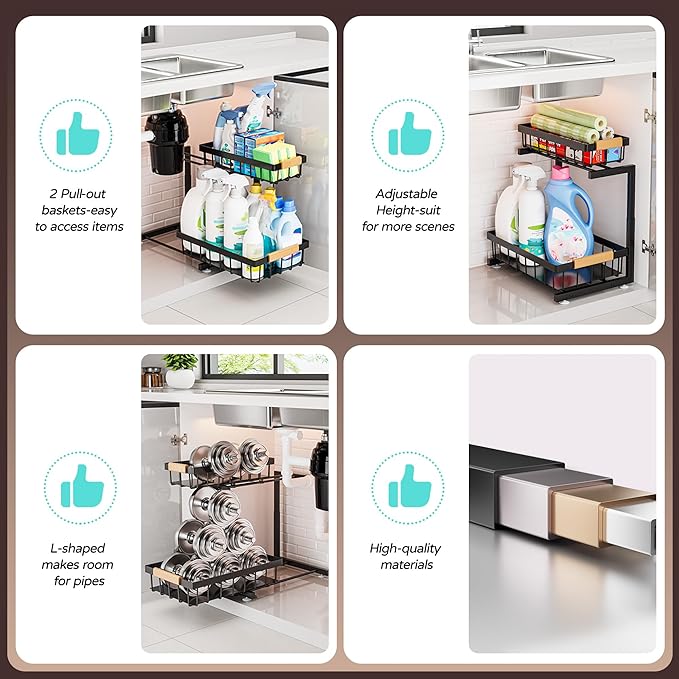 ADBIU Under Sink Organizer, 2 Pack 2 Tier Expandable Height Pull out Kitchen