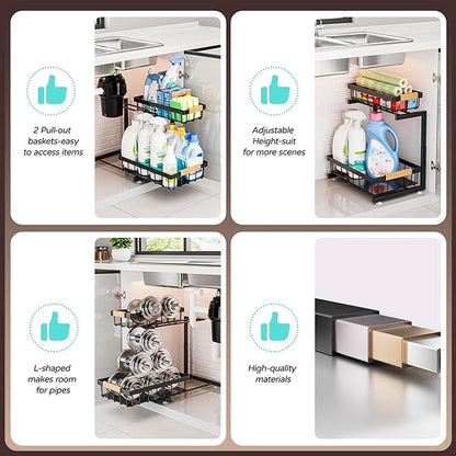 ADBIU Under Sink Organizer, 2 Pack 2 Tier Expandable Height Pull out Kitchen