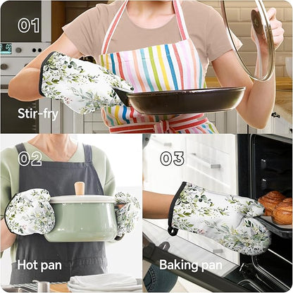 Eucalyptus Leaves Oven Mitts and Pot Holders Sets Sage Green Botanical Floral