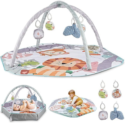 Henry & Colin Baby Activity Play Gym Mat with Hanging Toys, Soft Padded Mat, Sensory Development Play Area for Newborns and Infants, Convertible Play Center for Tummy Time and Fun Learning (Blue)