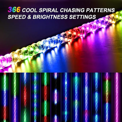 Ehaho 2 Pack 5FT Whip Lights with Spring Base,LED Whip Light with App & Remote Control, Spiral RGB Chasing Lighted Whips with Rocker Switch, Music Whip Light for UTV ATV Polaris RZR Can-Am SXS Truck