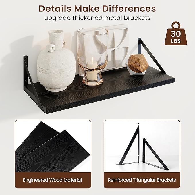 Axeman Deep Floating Shelves | 24 Inch Black Wall Shelves Set of 2 | 10 Inch