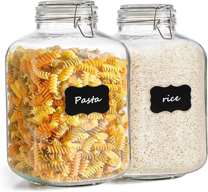 ComSaf Rice Container 152oz, Flour Sugar Storage Containers, Glass Jars with Airtight Lid, 1.17 Gallon Mason Jar, Large Storage Containers with Lids for Pickled Egg, Pasta, Cereal, Beans, Set of 2