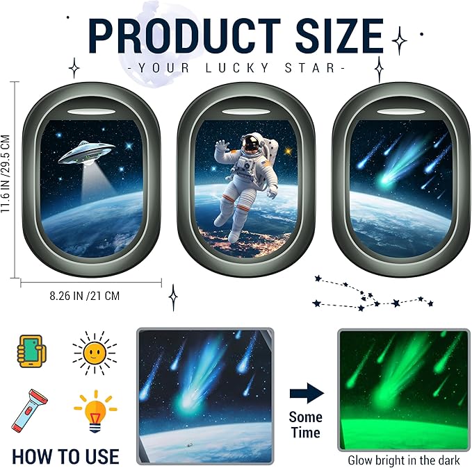 Glow in The Dark 3D Space Wall Decals, Set of 3 Galaxy Window Stickers for Wall, Space Themed Room Decor for Kids Boys (Green)