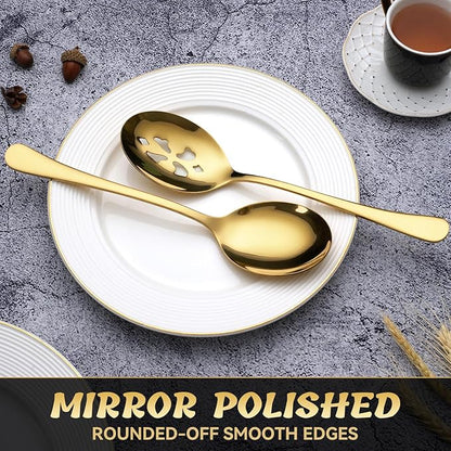 6 Piece Stainless Steel Serving Spoon Set - 3 Large, 3 Slotted,Dishwasher Safe,10-Inch,Gold, for Parties/Kitchen/Buffet/Catering