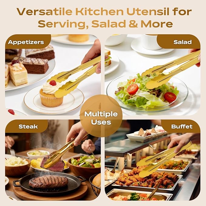 4 Pack Stainless Steel Serving Tongs, 9 Inch Gold Salad Tongs Serving Utensils