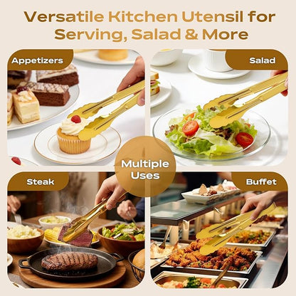 4 Pack Stainless Steel Serving Tongs, 9 Inch Gold Salad Tongs Serving Utensils