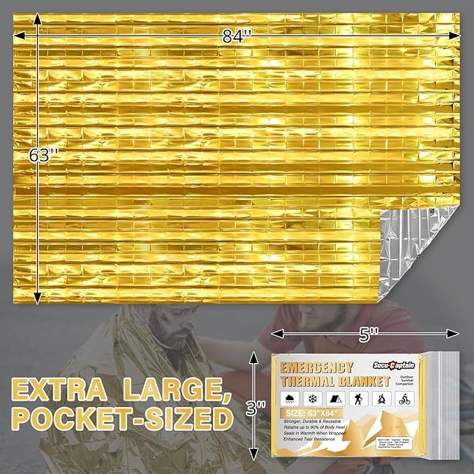 SecuCaptain Survival Emergency Thermal Blankets: Extra Large 84??x63??Space Mylar Blanket Kit for Outdoor Cold Winter Camping Hiking Car Bug Out Bag or First Aid - 4 Pack Gold