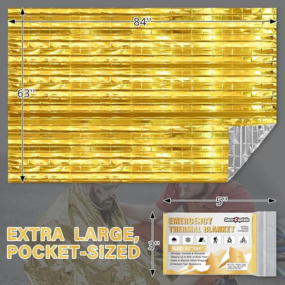 SecuCaptain Survival Emergency Thermal Blankets: Extra Large 84??x63??Space Mylar Blanket Kit for Outdoor Cold Winter Camping Hiking Car Bug Out Bag or First Aid - 4 Pack Gold