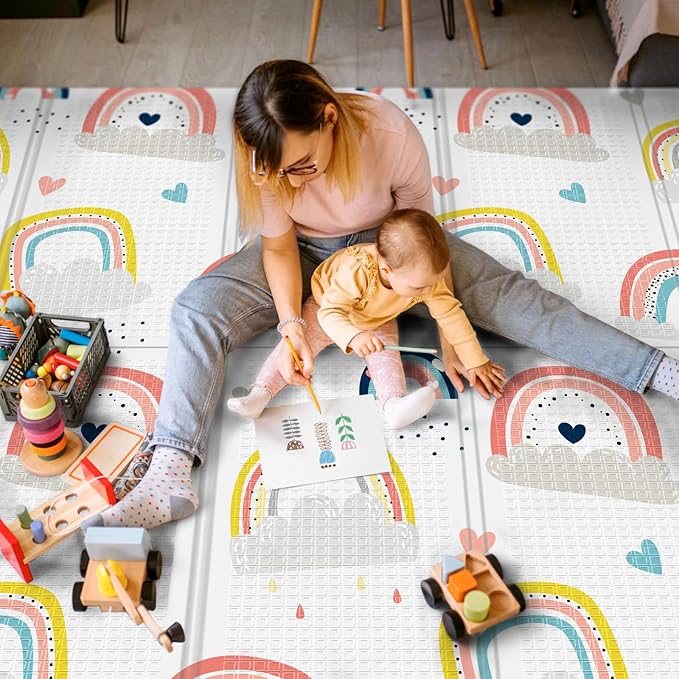 71x59 Foldable Foam Baby Play Mat for Floor, Babies Activity Tummy Time Playmat, Kids Non Toxic Foam Thick Play Mat for Baby, Toddlers, Waterproof & Anti-slip Crawling Mats