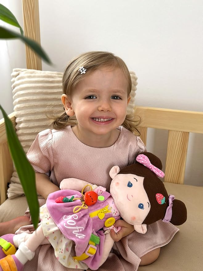 LeyaDoll Educational Soft Baby Doll(16''), Learning Sensory Doll for Toddlers, Montessori Toys for 2-Year-Old Girls Christmas, Birthday Gifts, Plush Doll with Zipper, Shoelace, Button-Busy Jucy Girl