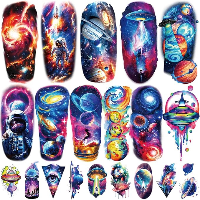 77 Sheets Temporary Tattoos, 17 Sheets Space Planet Astronaut Rockets Half Arm Fake Tattoo for Adults Men Women, 60 Sheets Small Waterproof Lasting Stickers Tattoo for Boys Girls Kids Party