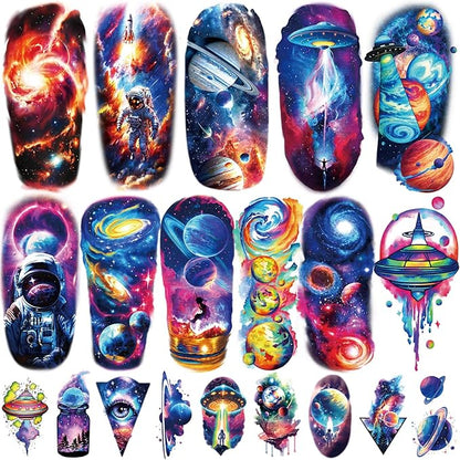 77 Sheets Temporary Tattoos, 17 Sheets Space Planet Astronaut Rockets Half Arm Fake Tattoo for Adults Men Women, 60 Sheets Small Waterproof Lasting Stickers Tattoo for Boys Girls Kids Party