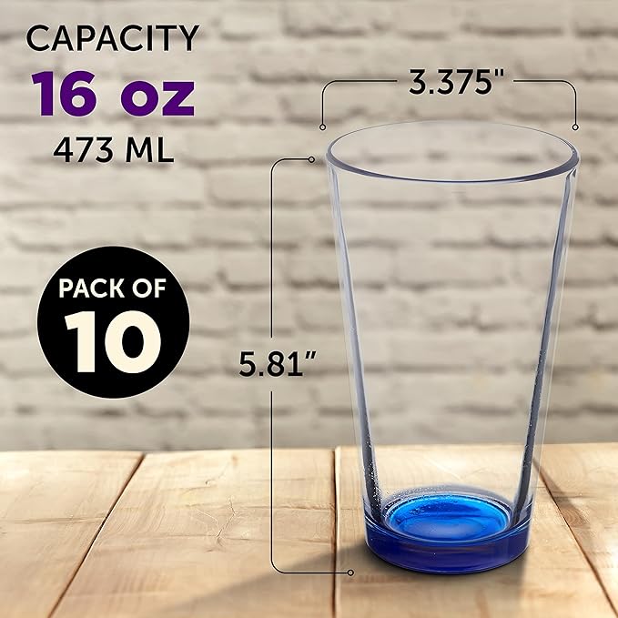 Libbey Pint Glass 16 oz. Set of 10, Bulk Pack - Beer Glasses, Heavy Duty Drinkware - Blue