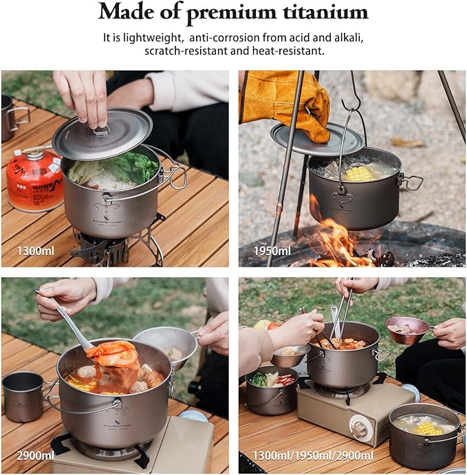 Boundless Voyage Titanium Hanging Pot for Outdoor Camping Backpacking Hiking Ultralight Portable Cooking Pot Camp Kitchen Cookware 1300ML/1950ML/2900ML