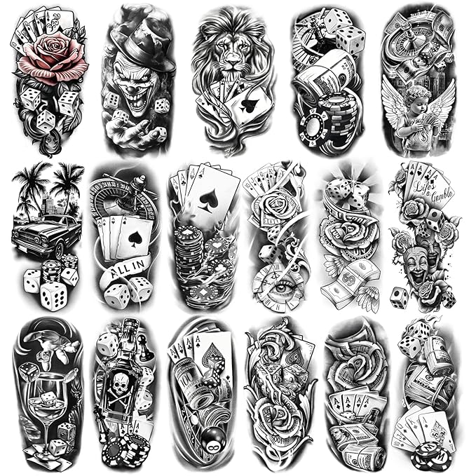 Casino Temporary Tattoos (77 Sheets), Fake Tattoo for Adults and Kids, Waterproof Fake Body Tattoo Stickers for Halloween, Parties, Cosplay, Casino Night - Realistic Poker/Dice/Skull/Chicano Designs