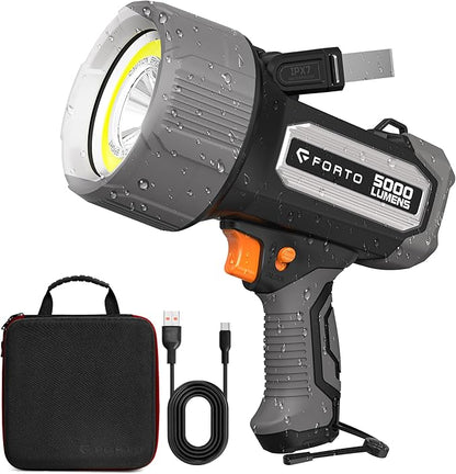 FORTO Rechargeable Spotlight 5000 Lumen Ultra Bright IPX7 Waterproof Spotlight, Boat Flashlight with EVA Carrying Case, 7 Light Modes Handheld Spotlight Flashlight for Marine Boat Hunting