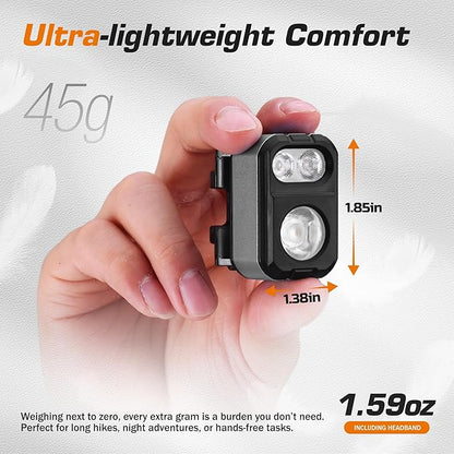 EverBrite Rechargeable LED Headlamp, Only 1.59 OZ Ultra-Light with Hat Clip, IP67 Waterproof, White/Red/Green Light, 7 Modes for Camping, Running and Backpacking-Grey