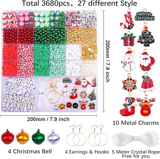 3680pcs Christmas Polymer Clay Beads Charms for Bracelets Making Kit Christmas Tree Snowman Santa Claus Snowflakes Bells Socks elk Friendship DIY Arts Crafts Gifts for Kids Girls