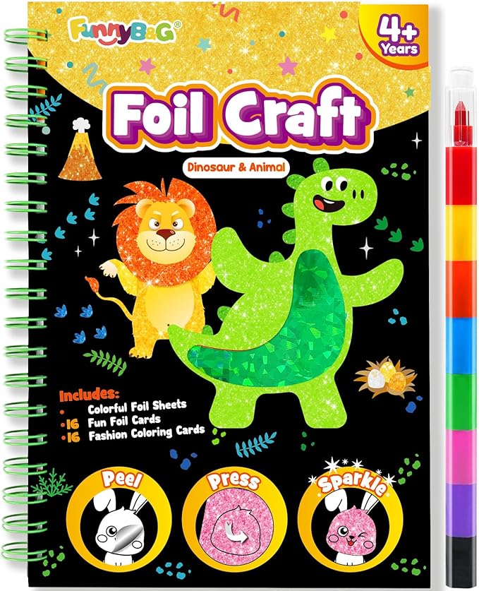FUNNYB&G Foil Art Craft Activity for Kids - Gift for Boys Crafts for Kids Fun Art Supplies DIY Creative Travel Toy, Birthday Gift Party Favor Toys for Girls Boys 4 5 6 7 8 9 Years Old (Dinosaur)