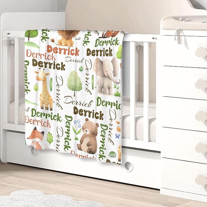 Personalized Baby Blanket for Girls Boys Kids Elephant Lion Bear Custom Baby Blanket with Name Throw Birthday Gift for Toddlers Infants Shower Newborns Nursery Stroller Crib Bed Decor