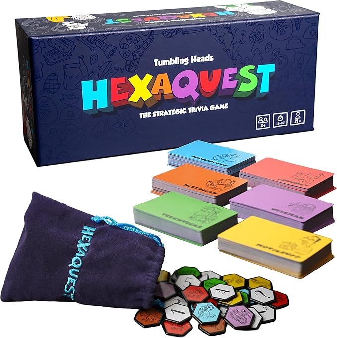 Hexaquest: The Strategic Trivia Board Game – 1500 Questions, 6 Categories, 65 Hexagon Tiles, Premium Bag – Fun, Quick to Learn, Perfect for Game Nights, Families & Parties