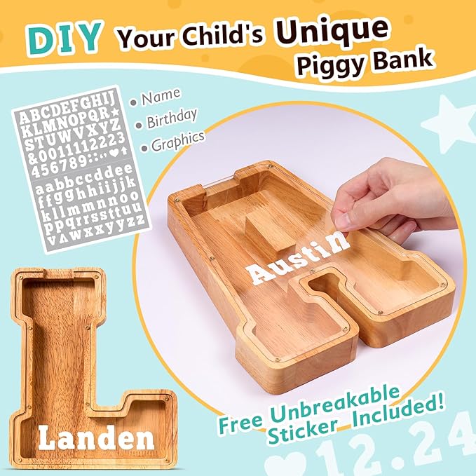 SummiDate Wooden Letter Piggy Bank| Piggy Bank for Boys Girls Toddler| Alphabet L Money Bank| Coin Bank Birthday Gift for Kids|Birthday Easter Gifts for Kids (L)