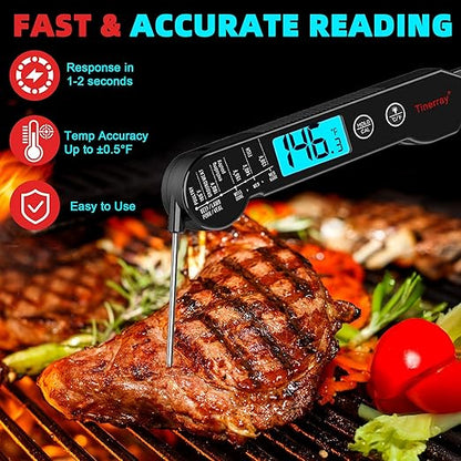 Digital Meat Thermometer for Cooking, Grilling & BBQ - Ultra-Fast Instant Read Thermometer with Waterproof Design,Backlight & Calibration - Perfect for Candy Making, Deep Frying, Turkey, Beef (Black)