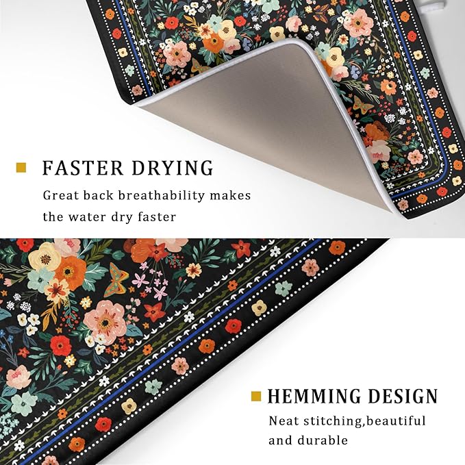 Floral Microfiber Dish Drying Mat Large Absorbent Dish Drainer Rack Pad