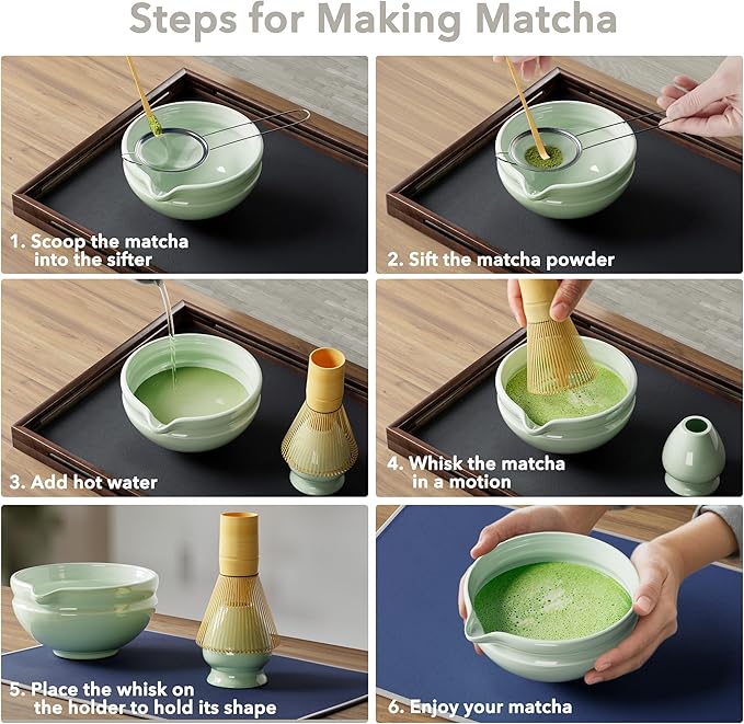 7 Pcs Matcha Whisk Set, Perfect Matcha Kit for Matcha Lovers Includes Ceramic Bowl, Bamboo Whisk, Holder, Scoop, Sifter & Cloth