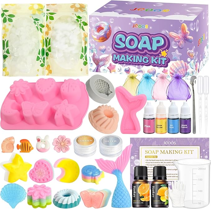Jcoos Soap Making Kit for Kids, Make Your Own Soap Kit Soap Making Kit Science Kits for Kids, 9 Soap Mold, Soap Base, Scents, Activities Girls Crafts Christmas Gifts