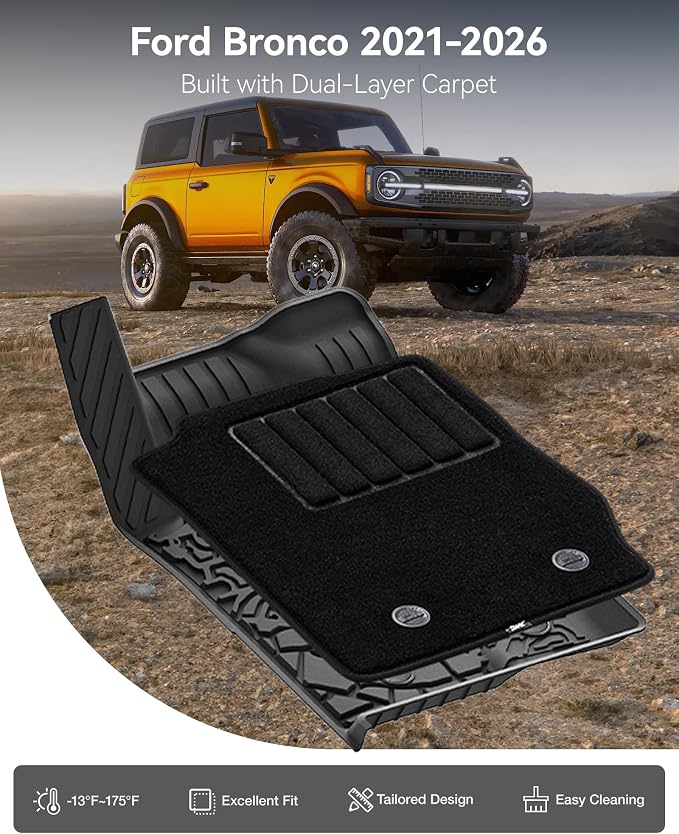 3W Floor Mats & Cargo Liner & Carpets Fit for 2021-2024 2025 Ford Bronco 4 Door, All Weather TPE Custom Fit Floor Liner and Trunk Mat Full Set Car Mats (Not for Bronco Sport & Rubberized Floor)