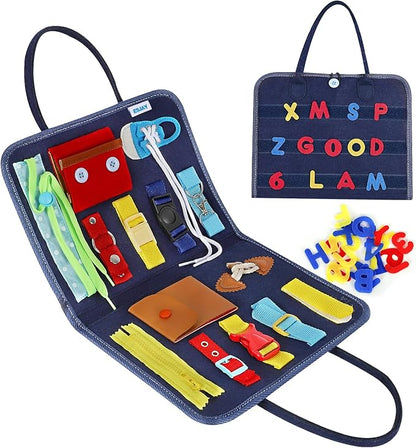 Esjay Toddler Busy Board, Sensory Board for Fine Motor Skill, Montessori Toys Educational Learning Toddler Activities for 3+ Year Old, Travel Car Airplane Toys Gifts for Boys Girls,Blue Alphabet