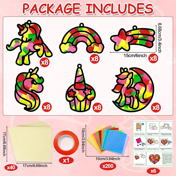 Qyeahkj 36 Set Unicorn Suncatchers Crafts for Kids DIY Unicorn Tissue Paper Crafts Window Stained Glass Effect Rainbow Hanging Decor School Home Creative Activity Art Project Birthday Party Favor Gift