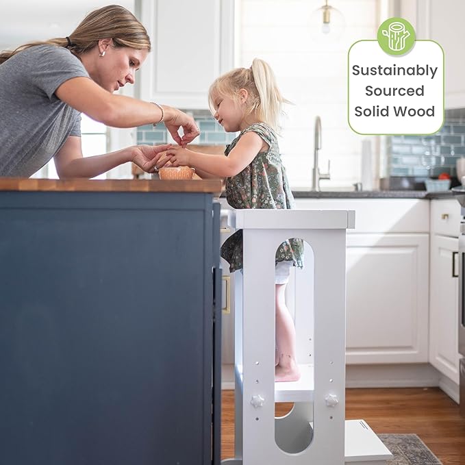 Little Partners Foldable Toddler Tower, Learning Tower Explore 'N Store Montessori Standing Kitchen Tower with Folding Step Stool Platform for Cooking and Learning, Ages 2+ (Soft White)