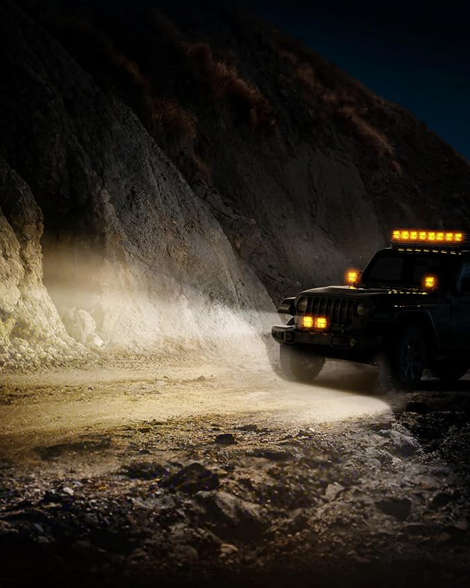 SPL 4" Off Road Lights with Amber Covers, 90W 12000LM Hi/Lo Beam LED Pod Lights with Arrow Shaped Amber DRL, Led Cube Driving Lights with DT Wiring Harness for Trucks Jeep Pickup SUV ATV UTV, 2PCS