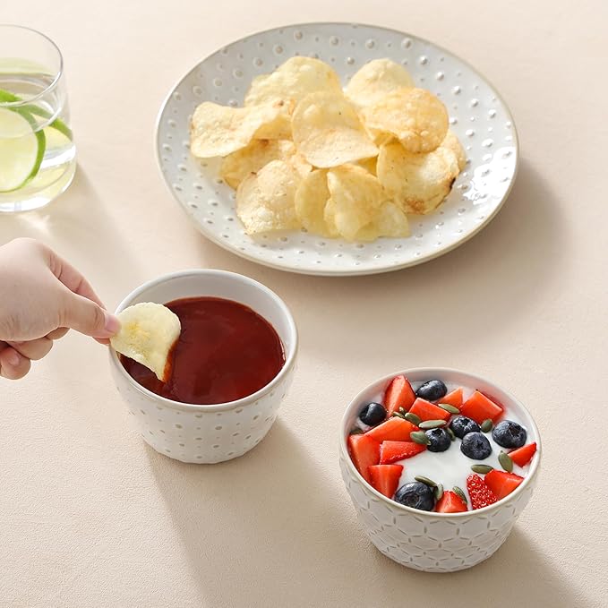 MALACASA Small Dessert Bowls 8 oz, Ice Cream Bowls, Dipping Sauce bowls,Ceramic Bouillon Soup Cups or Certain Side Dishes, Microwave & Dishwasher Safe, Set of 4, Arctic White, Series LYDIA