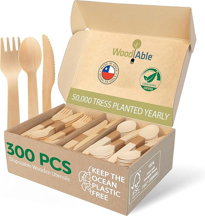 Disposable Wooden Cutlery Set - 100% Home Compostable - 300 Mix (120 Forks, 120 Spoons and 80 Knives) 6.5", Bamboo Utensils Alternative, Eco-Friendly, Organic, Sustainable and Carbon Neutral Certified