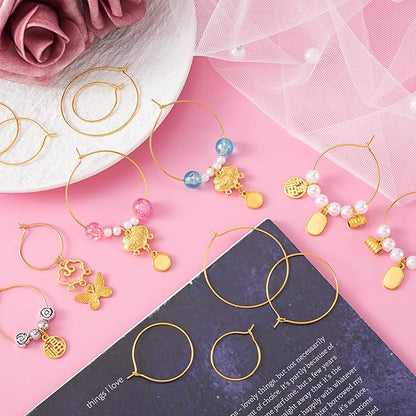 Pndeyo 120pcs Hypoallergenic Earring Beading Hoops, 20mm 25mm 30mm 35mm Round Hoop Earrings Findings, Open Earring Wire Ring Accessories for Jewelry Making- Gold