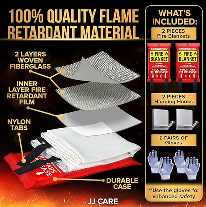 JJ CARE Fire Blanket ??2 Packs with Hooks and Gloves ??Emergency Fire Blanket for Home & Kitchen, High Heat Resistant Fire Suppression Blankets for Home Safety, Kitchen, and Camping